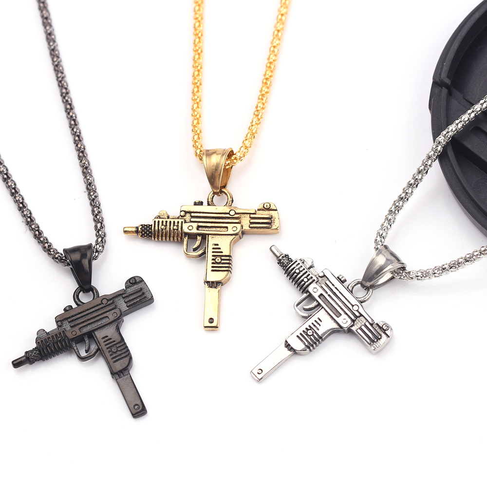 Street Fashion Necklace - จี้สร้อยคอรูปปืนอูซี่สไตล์พังก์ - เครื่องประดับฮิปฮอปแฟชั่นสำหรับผู้ชาย สร้างลุคเท่ห์และมีสไตล์