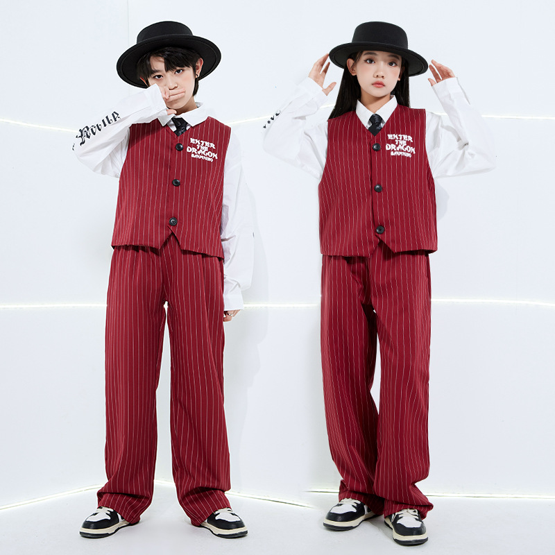 Street Fashion Outfit Girl - ชุดเต้นสตรีทแดนซ์ลายทางสำหรับสาวแฟชั่น ชุดแข่งขันเต้นบอลรูมสำหรับเด็กผู้ชาย ชุดแจ๊สสำหรับกลุ่ม ชุดฮิปฮอปสำหรับการแสดงบนเวที ชุดเคป๊อป