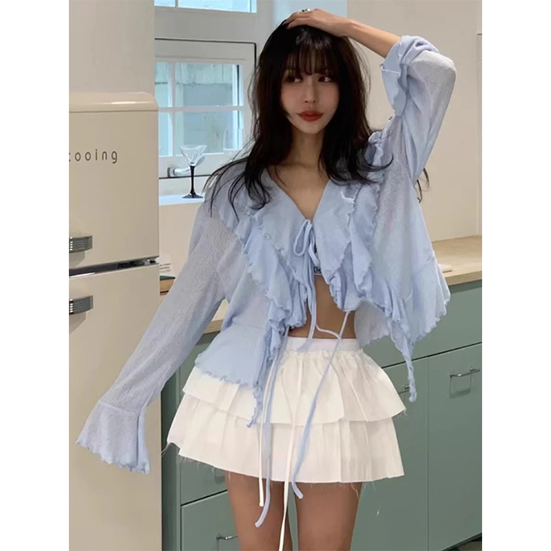 Street Fashion In Korea - MEXZT Cropped เสื้อสีขาวผู้หญิงแฟชั่น Ruffles ผ้าพันคอสีชมพูเสื้อฤดูร้อนเกาหลี V