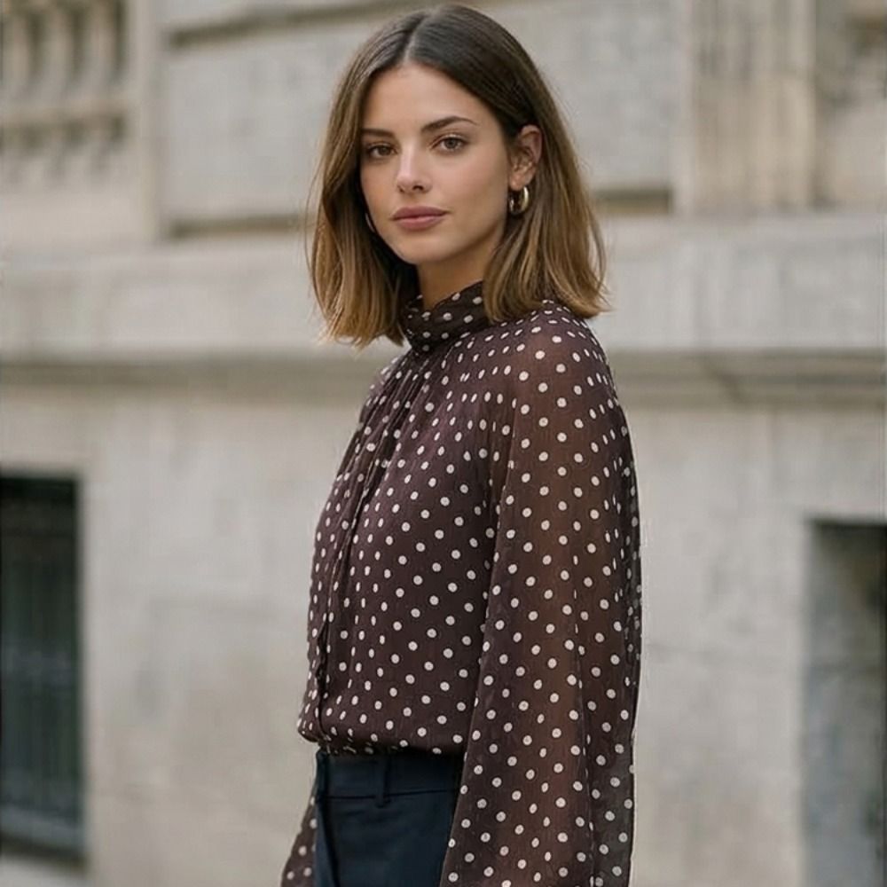 Street Fashion Necklace - เสื้อแขนยาวพิมพ์ลายจุด เสื้อเชิ้ตลายวินเทจ คอผูกโบว์ เสื้อเชิ้ตลายจุด ระบายอากาศได้ดี ทรงหลวม