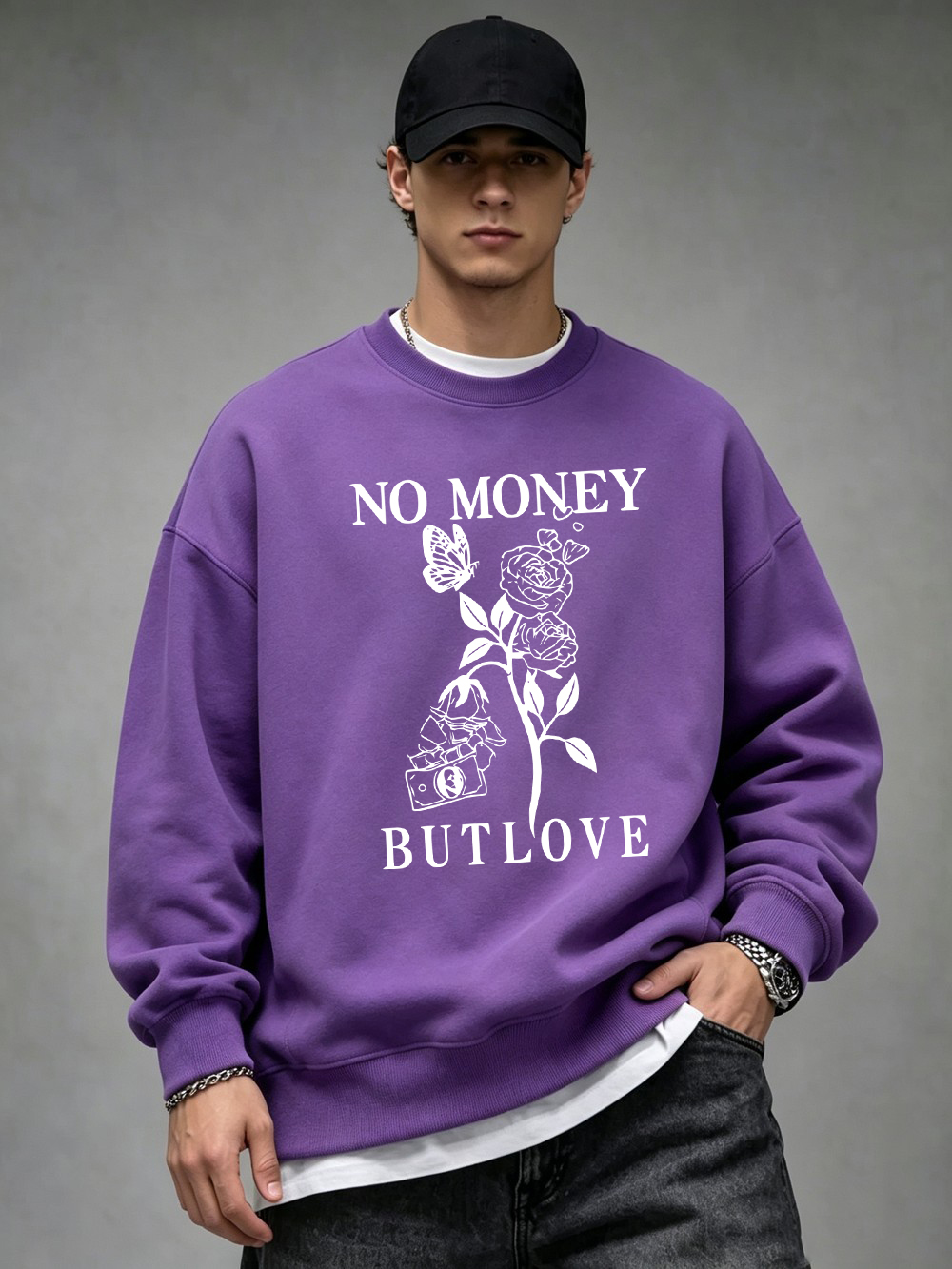 Oversized Crewneck Fleece - ไม่มีเงินแต่มีความรัก เสื้อฮู้ดผู้ชายลายพิมพ์ ผ้าฟลีซอุ่นสบายสำหรับฤดูใบไม้ร่วง เสื้อสเวตเตอร์คอกลมทรงโอเวอร์ไซส์ เสื้อพูลโอเวอร์สำหรับวิ่งจ๊อกกิ้งแนวสตรีท เสื้อผ้ากีฬาผู้ชาย