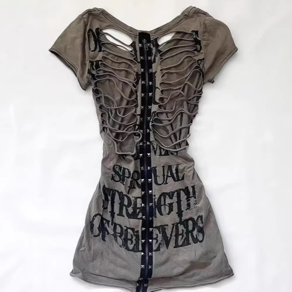 Street Fashion Harajuku - เสื้อยืดสไตล์ญี่ปุ่นย้อนยุค ดีไซน์โปร่ง สำหรับผู้หญิง สไตล์ Y2K พังก์