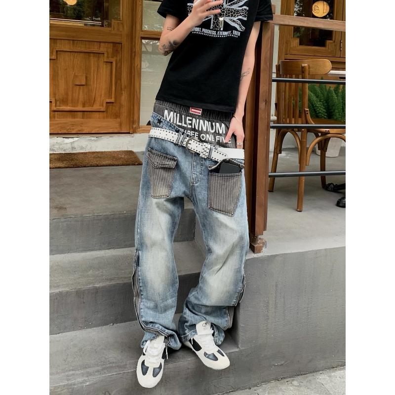 Street Fashion Boy - กางเกงยีนส์ผู้ชายลายปะติดสไตล์ 90s กางเกงลำลองสำหรับวัยรุ่น กางเกงเอวสูงทรงตรง กางเกงขากว้างแฟชั่นสตรีท