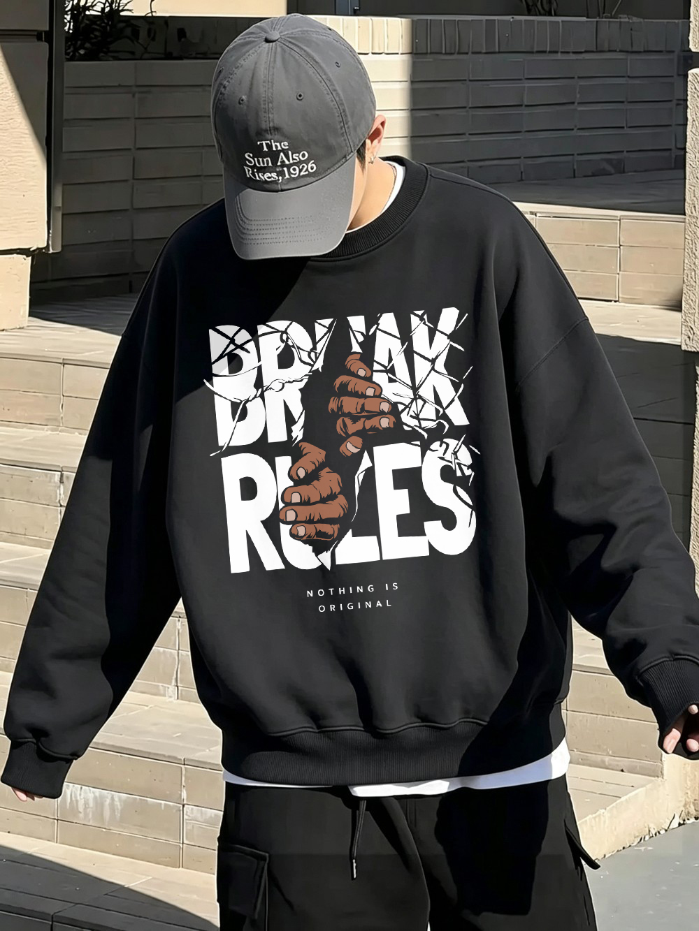 Oversized Crewneck Fleece - เสื้อสเวตเชิ้ตผู้ชายพิมพ์ลาย Break Rules เสื้อฮู้ดโอเวอร์ไซส์สำหรับฤดูหนาว เสื้อคอกลมสำหรับวิ่งจ๊อกกิ้ง เสื้อพูลโอเวอร์พื้นฐาน