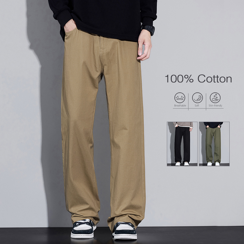 Street Fashion In Korea - กางเกงขายาวทรงหลวมผ้าฝ้าย 100% สำหรับผู้ชาย นุ่ม ระบายอากาศได้ดี ทรงตรง