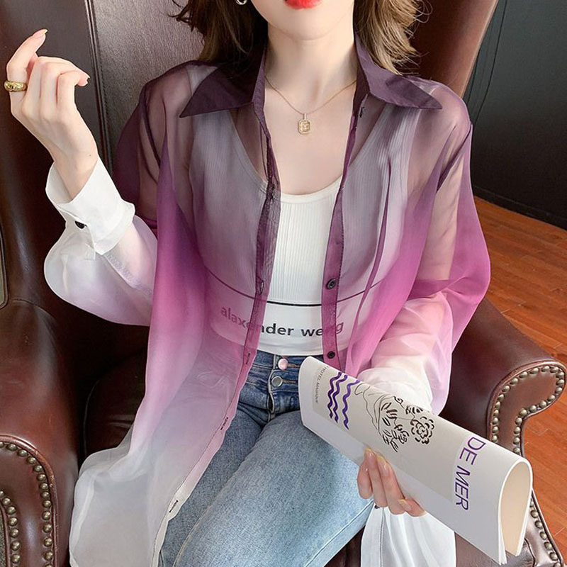 Street Fashion In Korea - เสื้อเชิ้ตผ้าชีฟองสีไล่ระดับสีสำหรับผู้หญิงเสื้อป้องกันแสงแดดย้อมสีแบบเกาหลีสำหรับผู้หญิงแฟชั่นฤดูร้อน