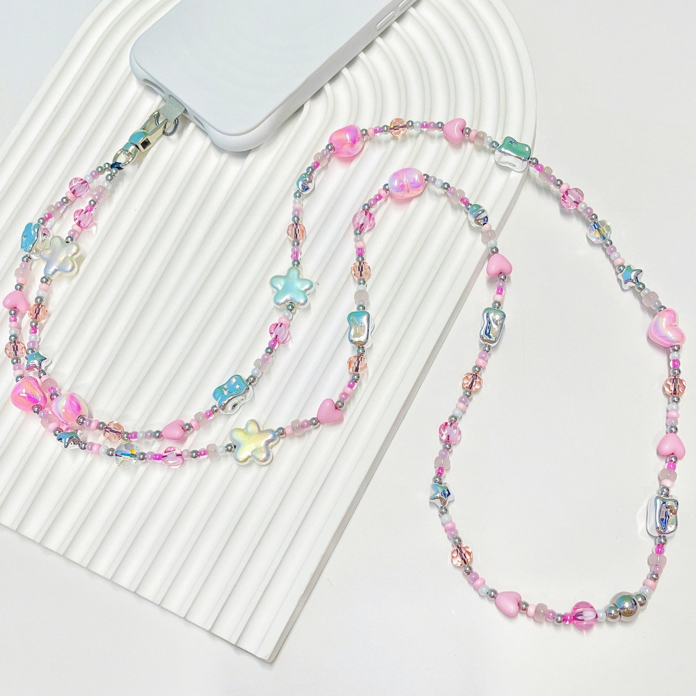 Street Fashion Necklace - HERLOOK พาสเทล Y2K สายคล้องโทรศัพท์ประดับลูกปัดรูปหัวใจและดาว สายคล้องคอแบบไขว้ สายโซ่ตกแต่ง
