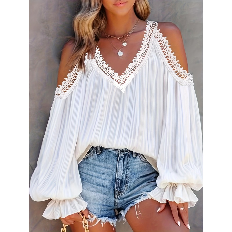 Street Fashion Necklace - เสื้อเชิ้ตผู้หญิงแฟชั่นฤดูร้อนใหม่ สไตล์ลำลองสำหรับกิจกรรมกลางแจ้ง สวมใส่สบาย เหมาะสำหรับเดินทาง ตกแต่งด้วยผ้าลูกไม้ เสื้อเชิ้ตผู้หญิงทรงหลวมสไตล์สตรีท