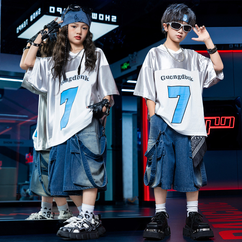 Street Fashion Boy - ชุดฮิปฮอปสตรีทแดนซ์สุดเท่สำหรับเด็กผู้ชาย ชุดแฟชั่นฮิปฮอปสำหรับเด็ก ชุดแสดงกลองบนเวทีสำหรับฤดูร้อน