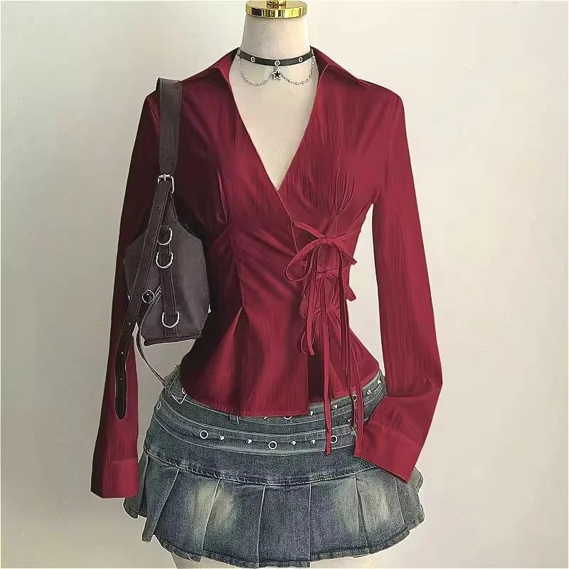 Street Fashion Necklace - เสื้อแฟชั่นแขนยาวทรงเข้ารูปสำหรับผู้หญิง คอวี สไตล์ฮาราจูกุ สำหรับสาวออฟฟิศ สวยงามสไตล์ Y2K