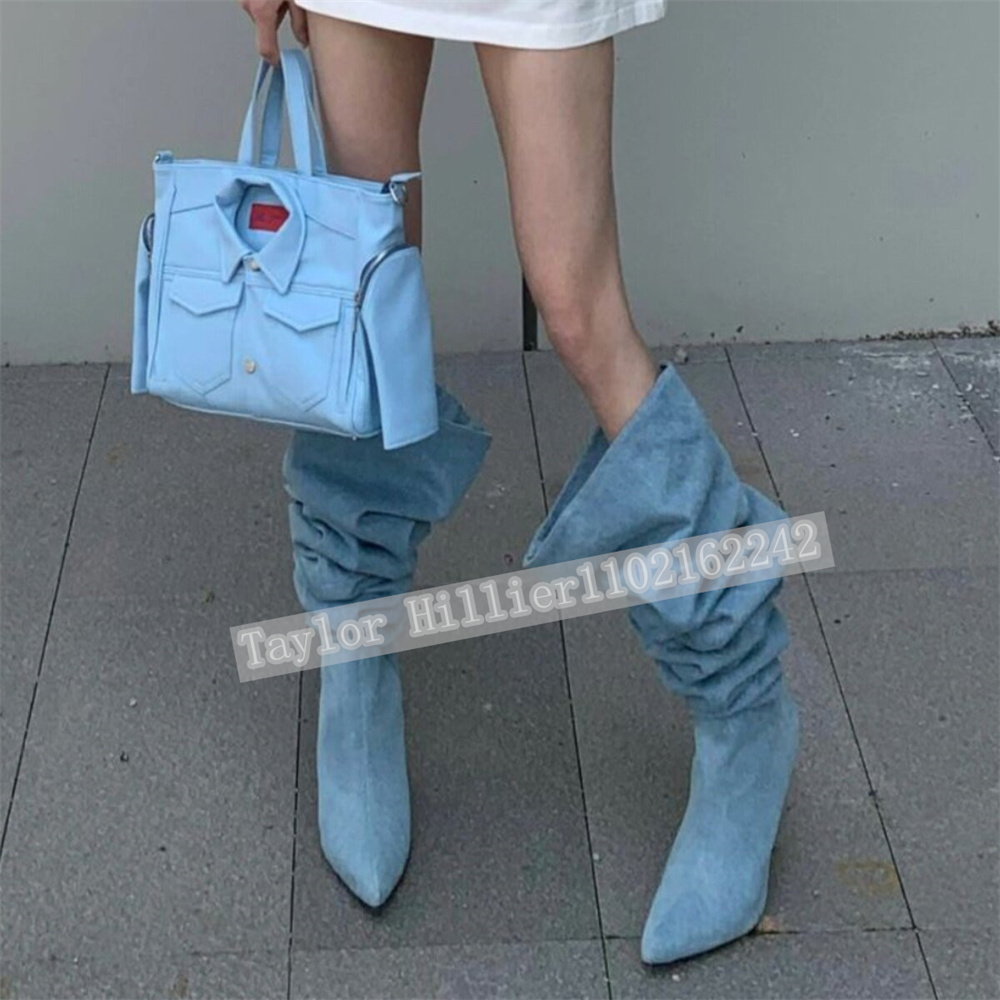 Street Fashion Runway - รองเท้าส้นสูงทรงสลัชสีน้ำเงินเดนิมสำหรับฤดูใบไม้ผลิ รองเท้าบูทหัวแหลมแฟชั่นสำหรับงานปาร์ตี้และรันเวย์ รองเท้าผู้หญิงไซส์ 46