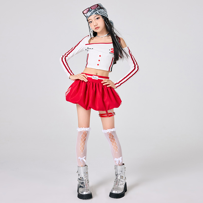 Street Fashion Outfit Girl - เสื้อผ้าฮิปฮอปสำหรับเด็กผู้หญิง เสื้อสีขาว กระโปรงสีแดง ชุดการแสดงเต้นแจ๊ส แฟชั่นชุดเคป๊อป สตรีทแวร์