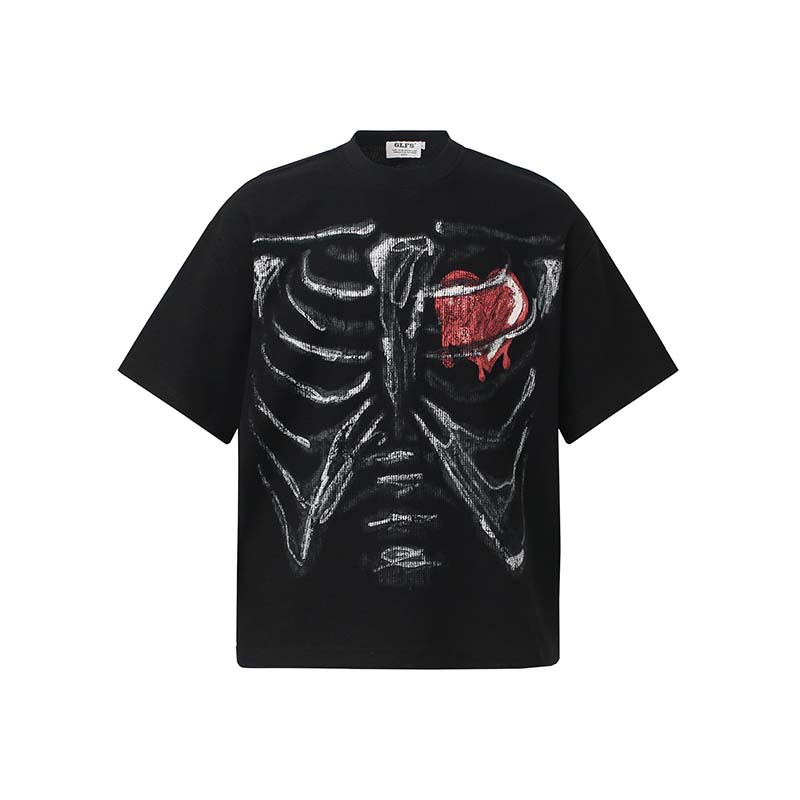 Street Fashion Vibes - เสื้อยืดฮิปฮอปผู้ชายลายโครงกระดูก สไตล์สตรีทแวร์ โอเวอร์ไซส์ พิมพ์ลาย ทรงหลวม สไตล์วายทูเค