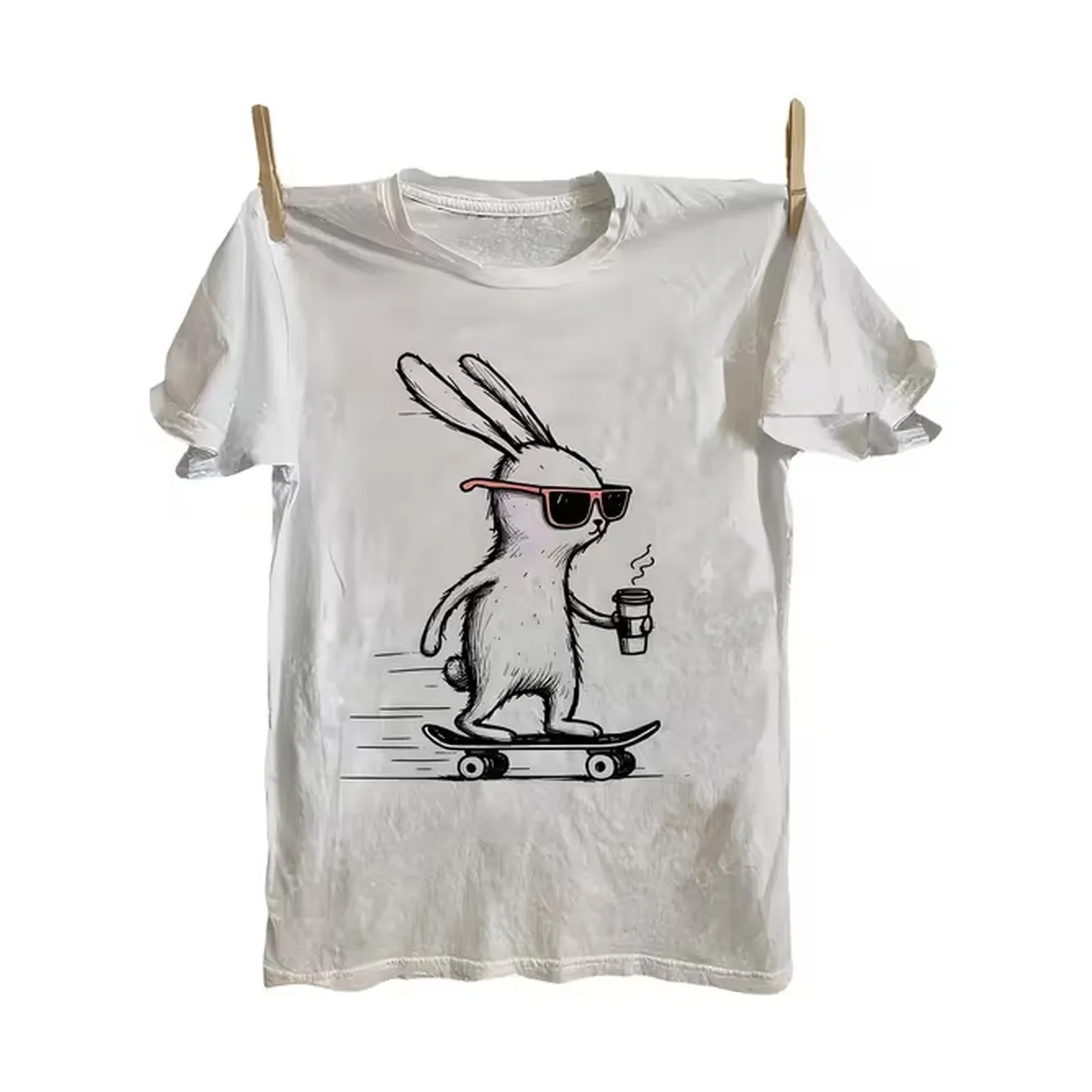 Street Fashion Anime - เสื้อยืดบุรุษ สีขาว ผ้าฝ้ายแท้ คอกลม พิมพ์ลายกระต่ายอนิเมะ สเก็ตบอร์ด
