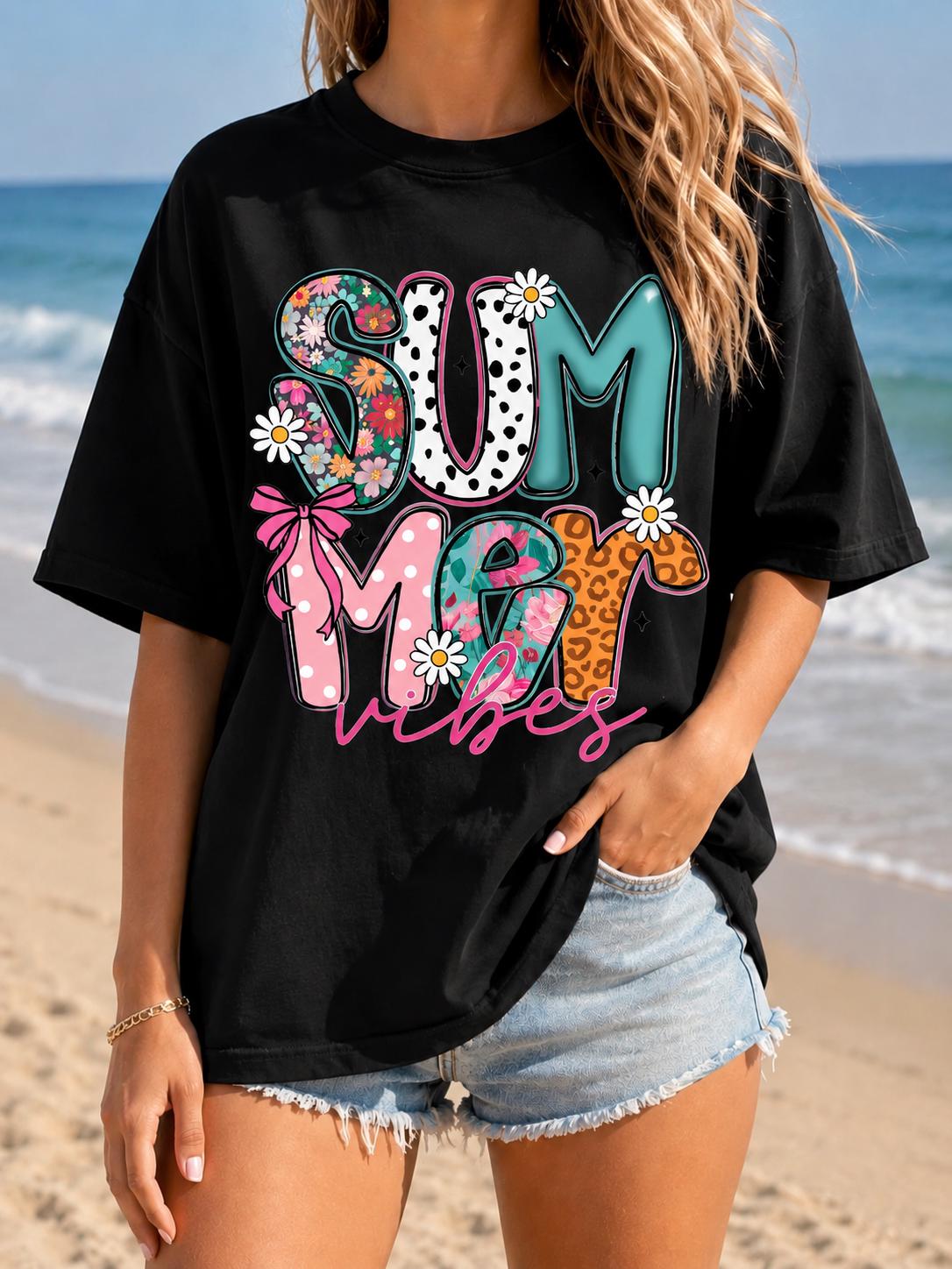 Street Fashion Vibes - เสื้อยืดลายดอกไม้ Summer Vibes สำหรับชายและหญิง คอกลม แขนสั้น