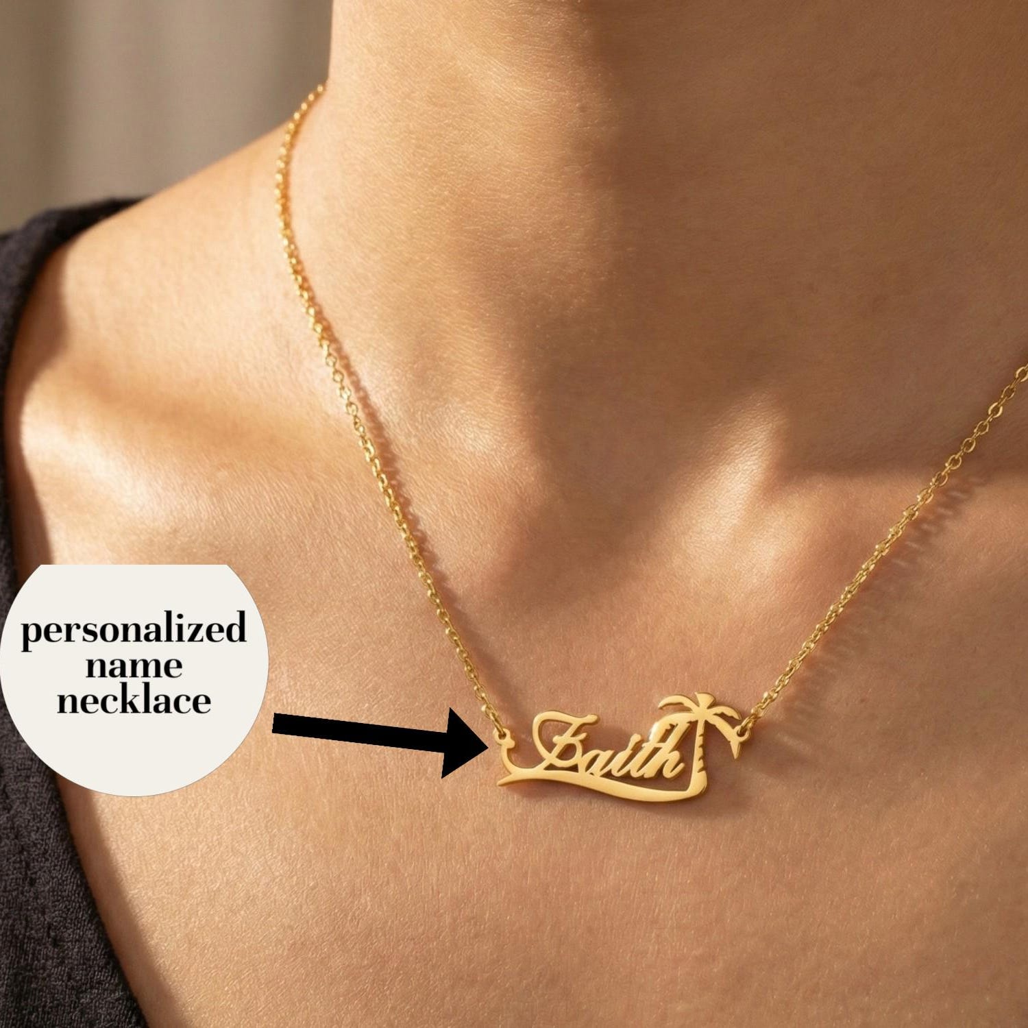 Street Fashion Necklace - สร้อยคอรูปต้นปาล์มพร้อมชื่อสั่งทำ สร้อยคอชื่อส่วนตัว สร้อยคอชายหาด สร้อยคอรูปมะพร้าวสำหรับผู้หญิง เครื่องประดับสแตนเลส