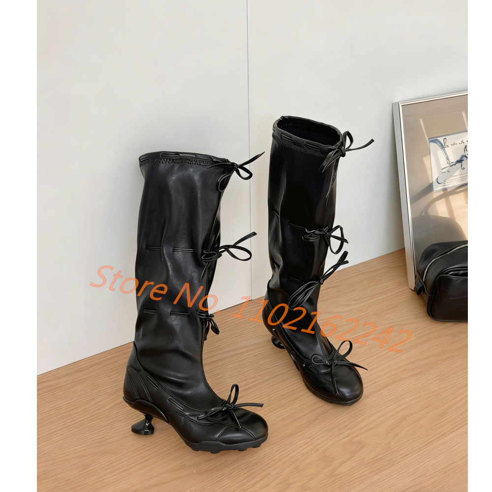 รองเท้าบูทสูงถึงเข่าแบบผูกโบว์ - Street Fashion Runway บทวิจารณ์และราคา
