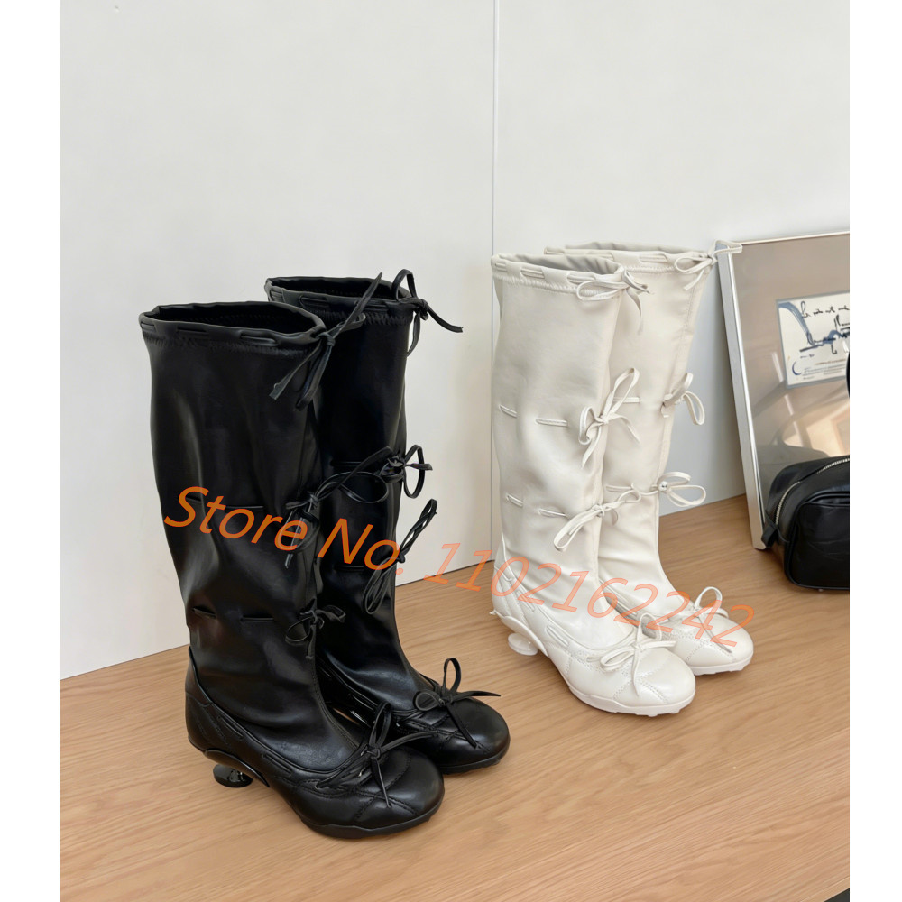 รองเท้าบูทสูงถึงเข่าแบบผูกโบว์ - Street Fashion Runway บทวิจารณ์และราคา