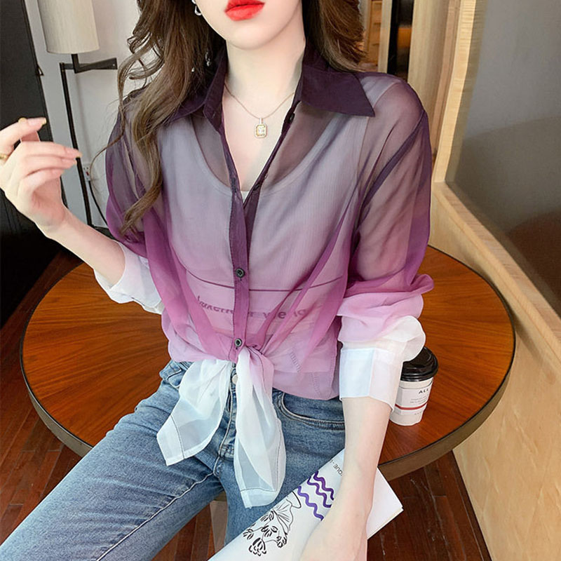 เสื้อเชิ้ตผ้าชีฟองสีไล่ระดับสี - Street Fashion In Korea บทวิจารณ์และราคา