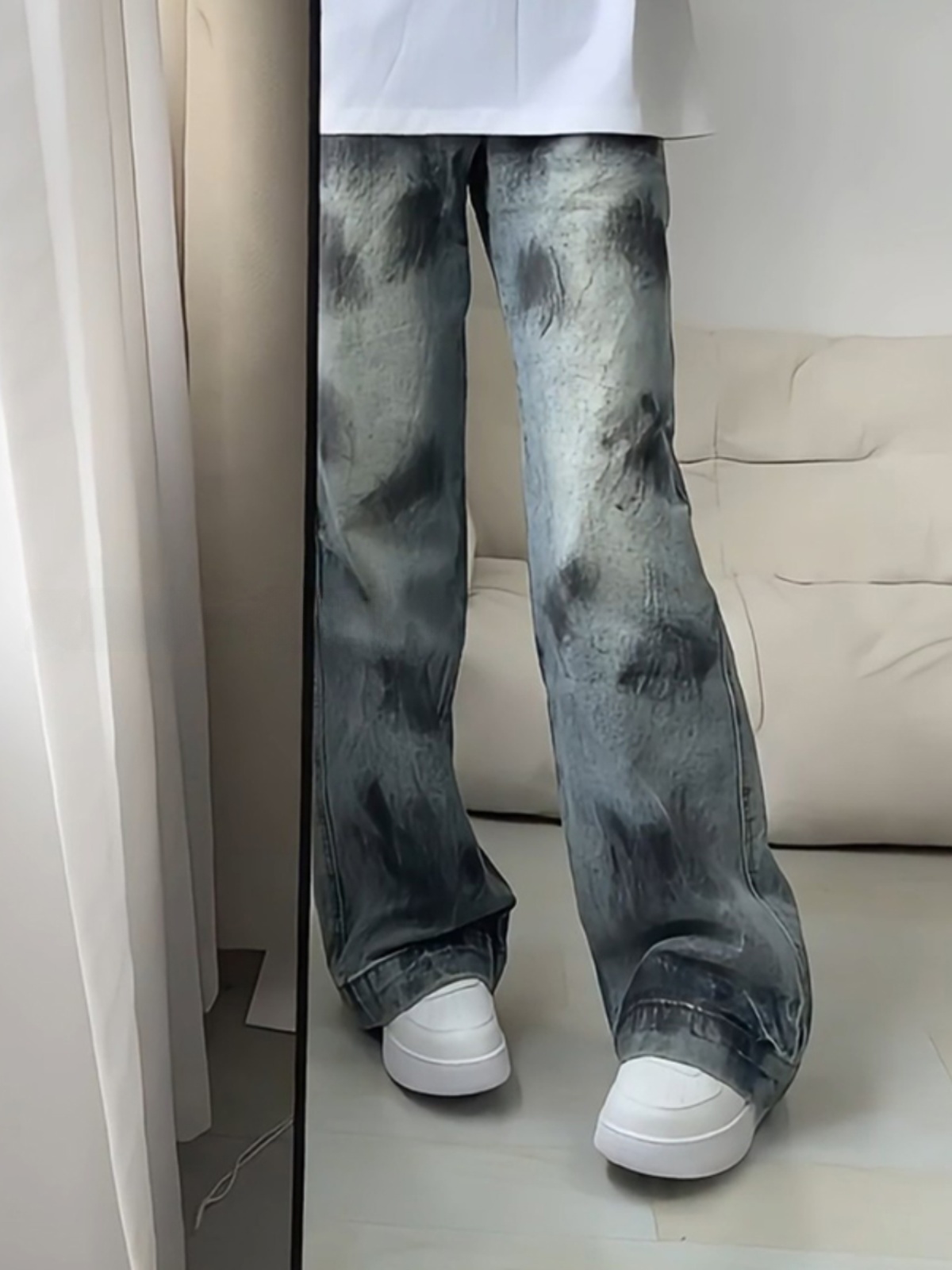 กางเกงยีนส์ผู้ชายสีน้ำเงินลายไ - Street Fashion Vibes บทวิจารณ์และราคา