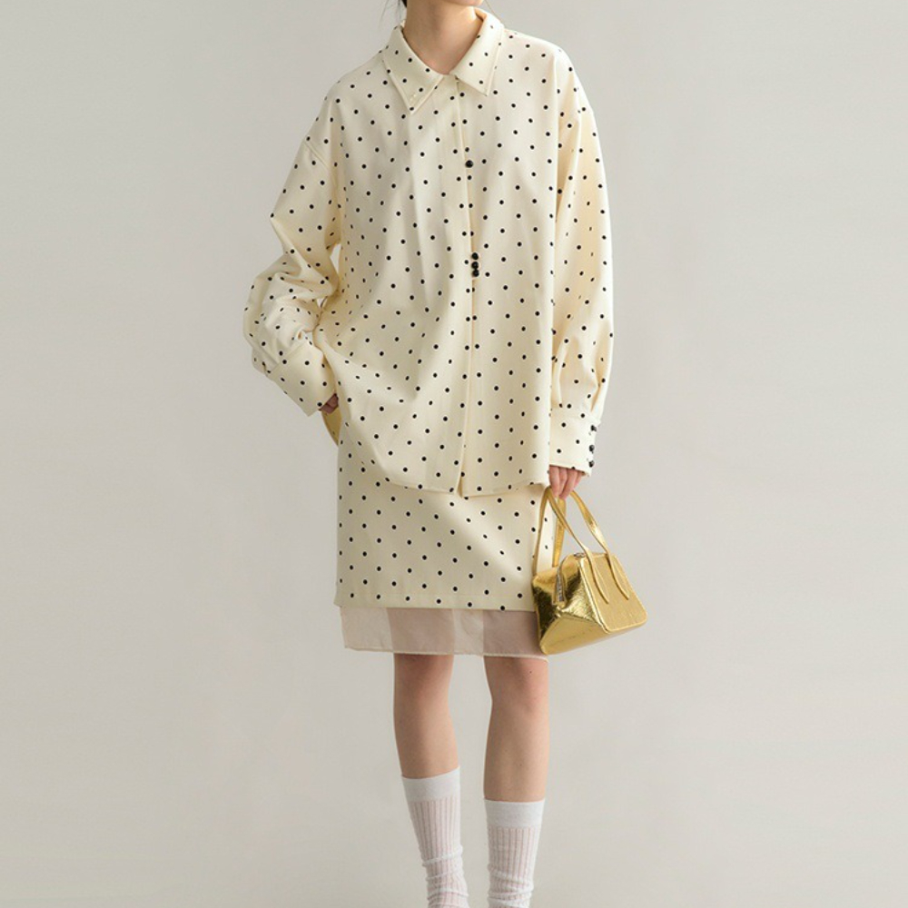 ชุดเซ็ตสองชิ้นลายจุดสีเบจ TWOT - French Street Fashion บทวิจารณ์และราคา